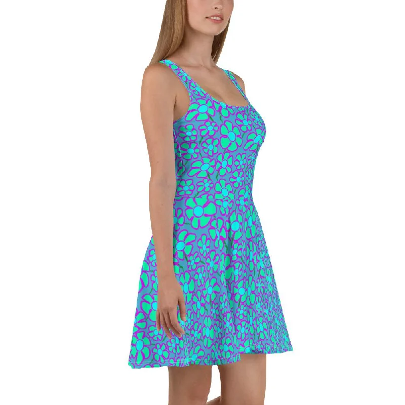 Greenflower Pattern on Blue - AOP Skater Dress