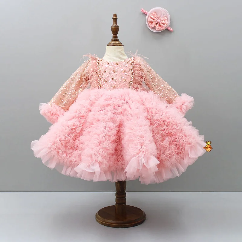 Pre Order: Sequins Embellished Ruffled Peach Dress With Matching Swirled Bowie Headband