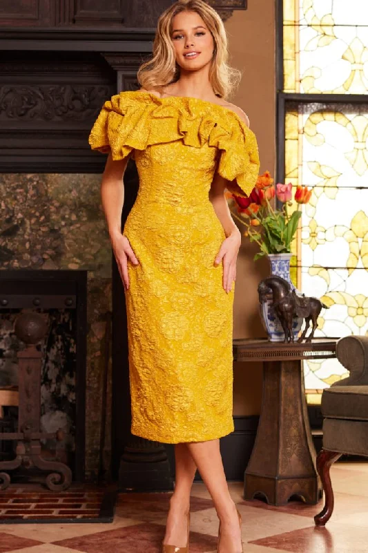 Jovani 23848 Tea Length Ruffle Mustard Formal Dress