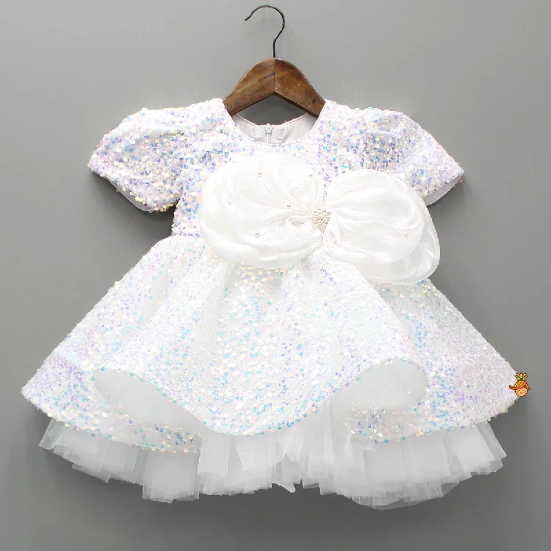 Pre Order: White Sequin Dress Adorned With Matching Bows