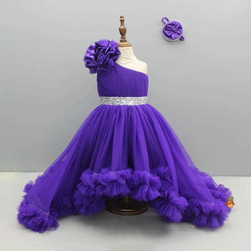 Pre Order: Purple One Shoulder High Low Dress With Matching Head Band And Detachable Bow