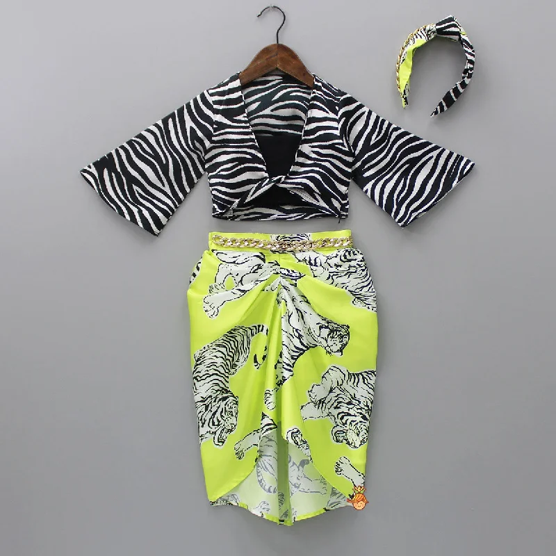 Pre Order: Smocked Back Black Crop Top With Flared Sleeves Jacket And Stylish Tiger Printed Skirt With Chain Hair Band