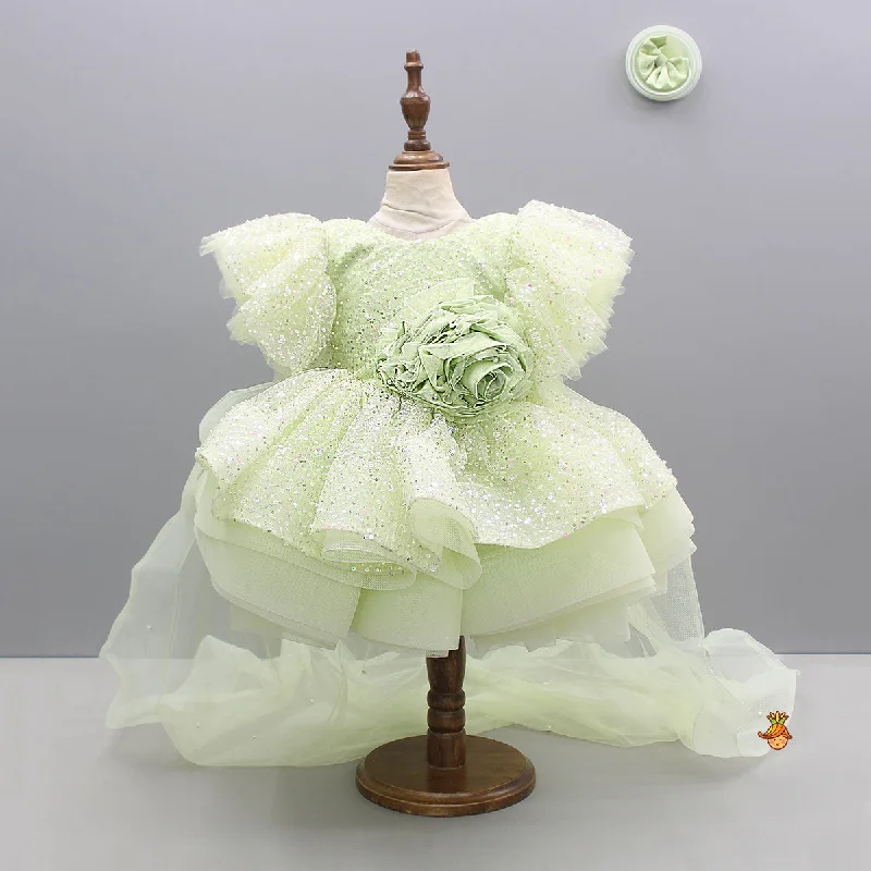 Pre Order: Green Sequin Embellished Dress Featuring Detachable Trail And Bow Paired With Swirled Bow Hairclip