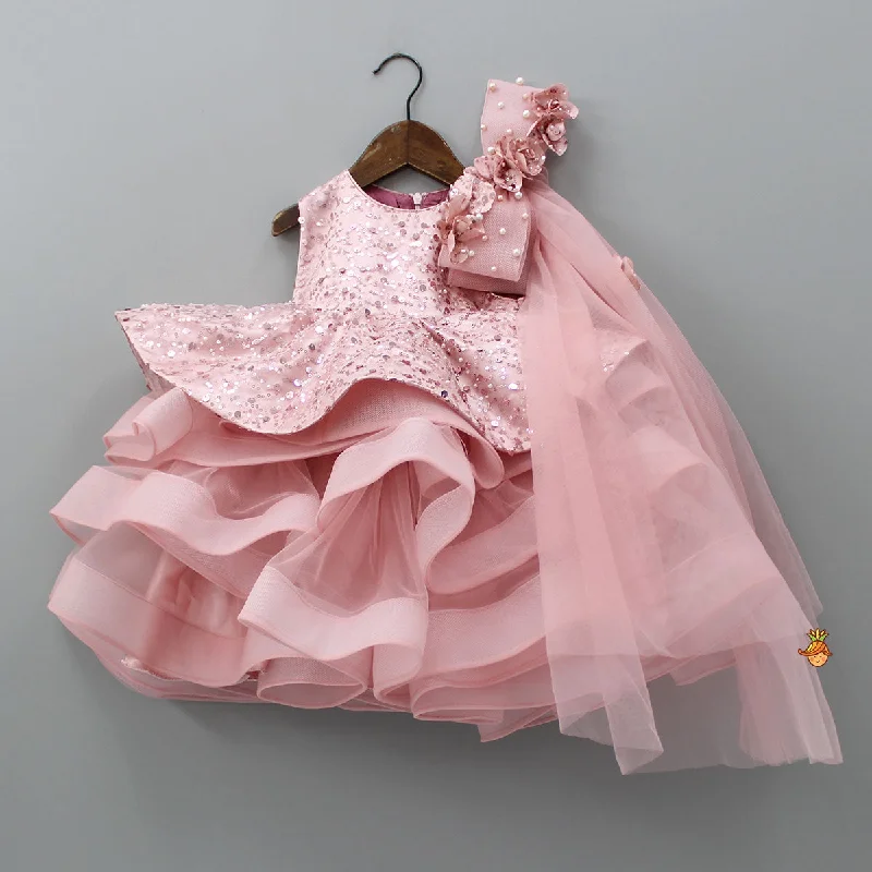 Pre Order: Peach Sequin Dress Adorned With Matching Bows And Flowers Embellishment