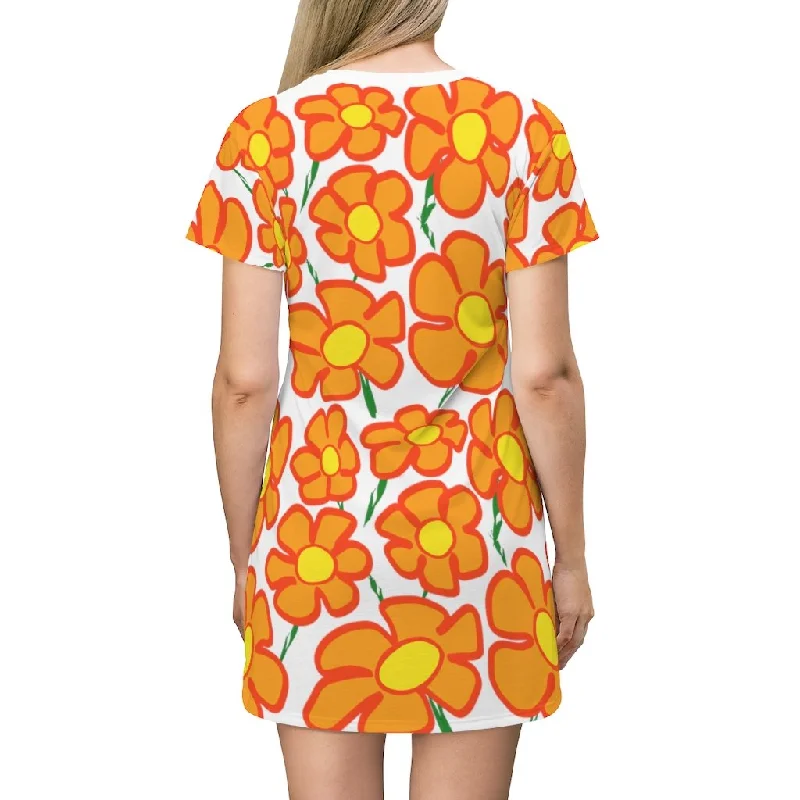 Orangeflower Pattern on White - AOP T-Shirt Dress