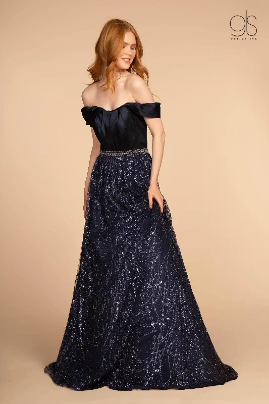 Long Off the Shoulder Glitter Print Prom Dress