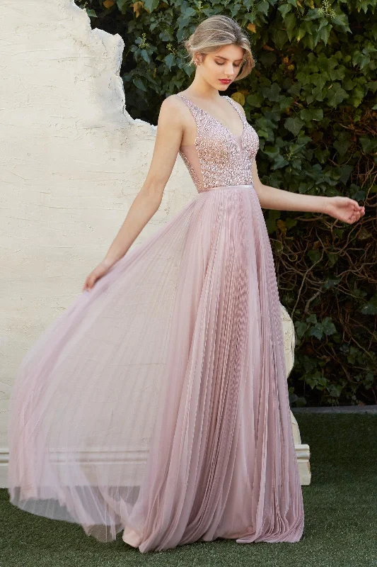 Cinderella Divine CJ535 Long Formal Pleated Evening Prom Dress