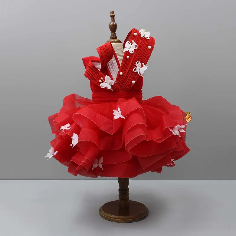 Pre Order: Red Pleated Yoke Butterfly Dress With Stiff Belt