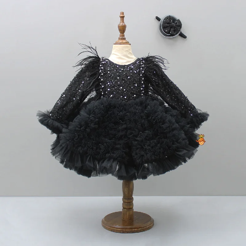 Pre Order: Sequins Embellished Ruffled Black Dress With Matching Swirled Bowie Headband