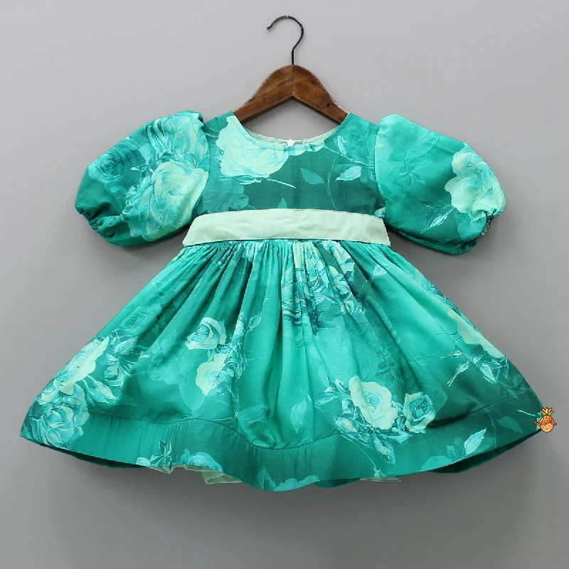 Pre Order: Balloon Sleeves Floral Printed Green Dress