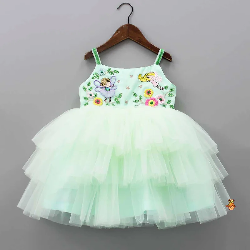 Pre Order: Sequins Fairies Embroidered Green Ruffled Dress