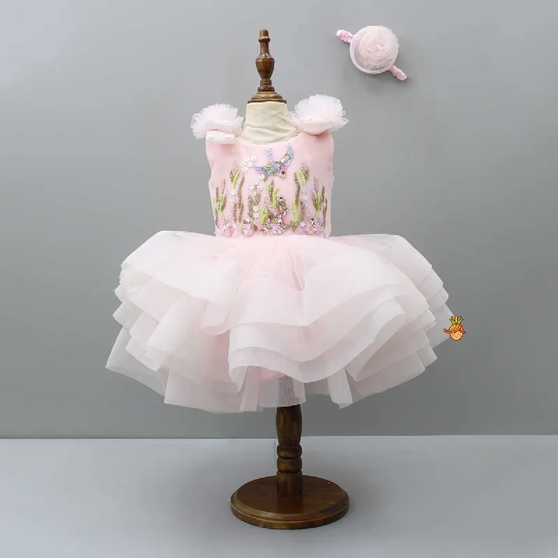 Pre Order: Embroidered Pink Ruffle Dress With Bowie Head Band