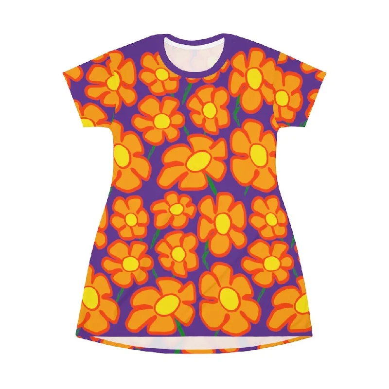 Orangeflower Pattern on Dark Violet - AOP T-Shirt Dress