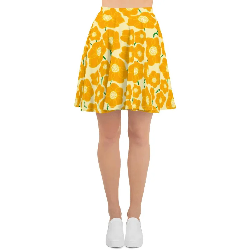 Hippy Orangeflower Pattern on Yellow - AOP Skater Skirt