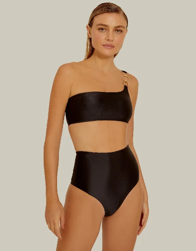 Rings One Shoulder Bikini Top in Black, Removable Padding