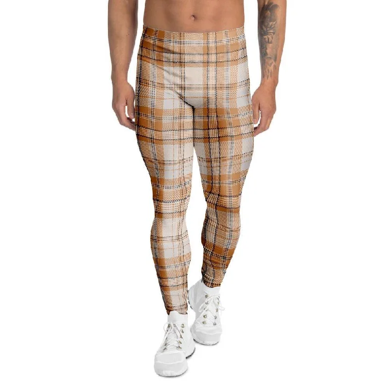 Beige Plaid Tartan Print Men's Leggings