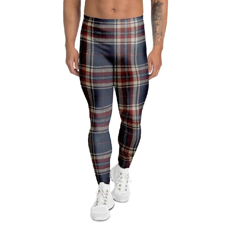 Beige Red And Blue Plaid Tartan Men's Leggings