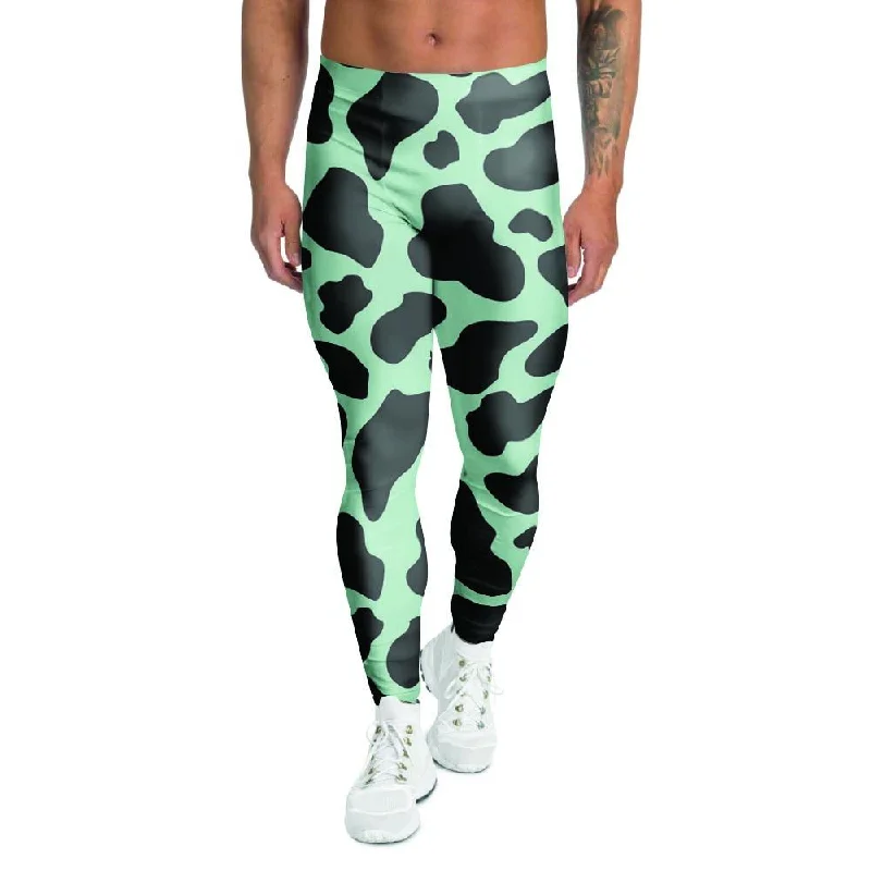 Black And Green Cow Print Men's Leggings