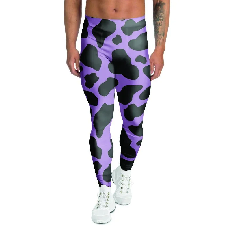 Black And Purple Cow Print Men's Leggings