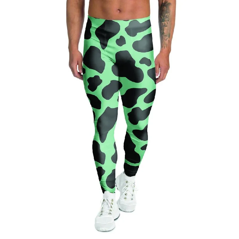 Black And Teal Cow Print Men's Leggings