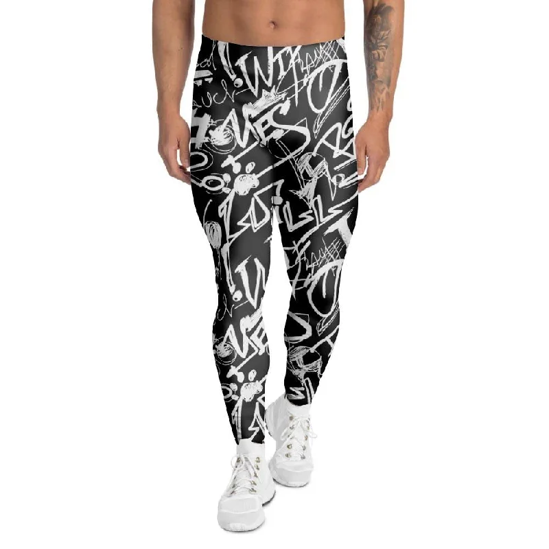 Black And White Graffiti Doodle Text Print Men's Leggings