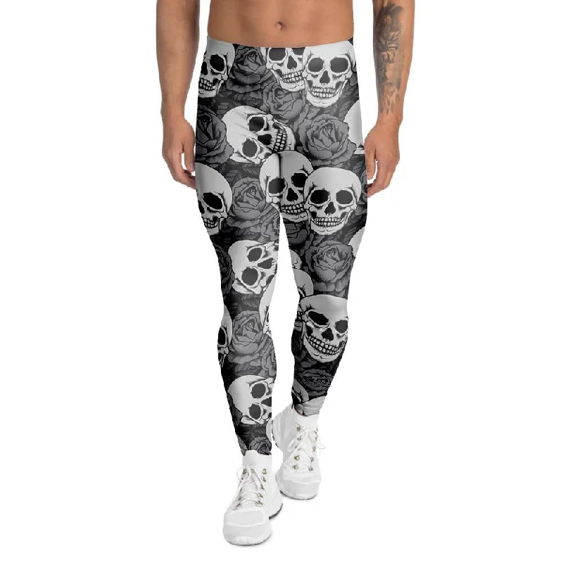 Black And White Rose Floral Skull Men's Leggings