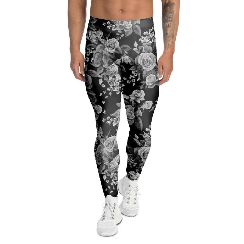 Black And White Rose Flower Men's Leggings