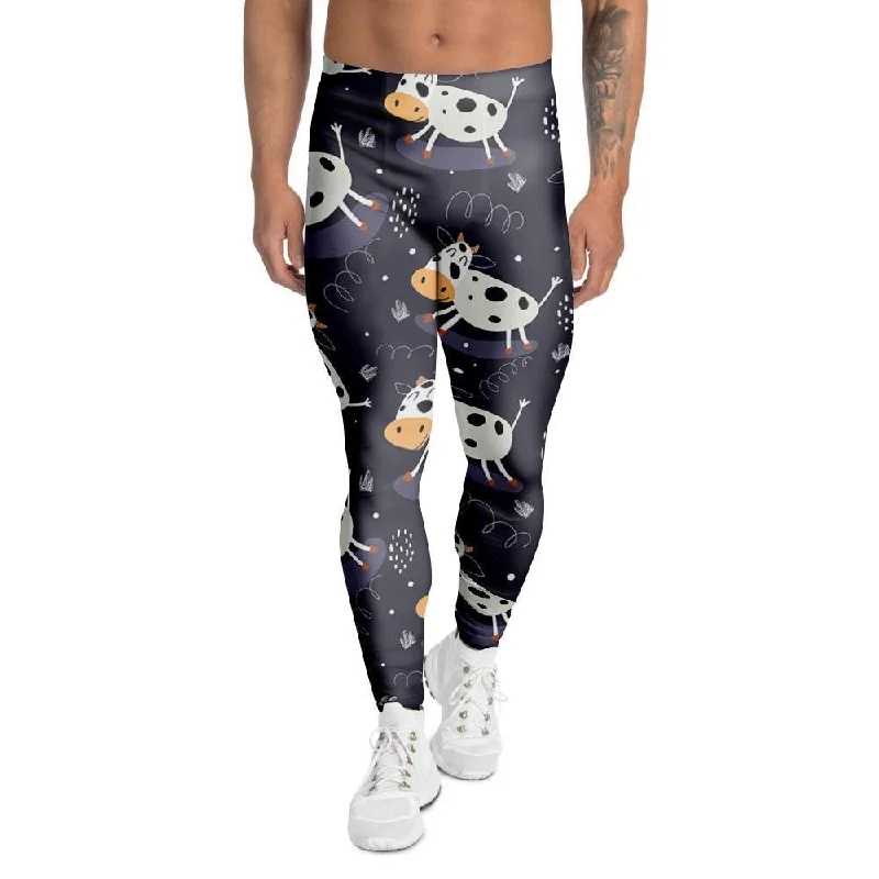 Black Cartoon Cow Print Men's Leggings