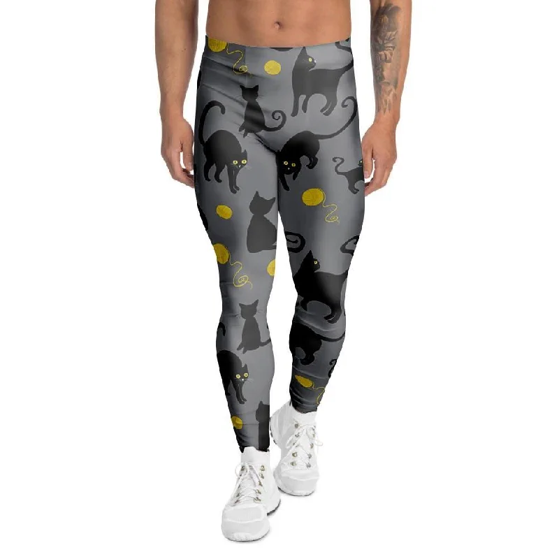 Black Cat Knit Print Men's Leggings