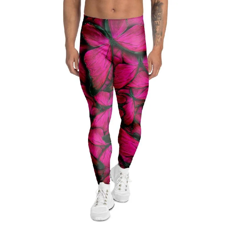 Black Pink Butterfly Print Men's Leggings