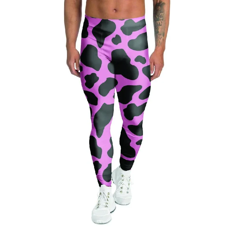 Black Pink Cow Print Men's Leggings