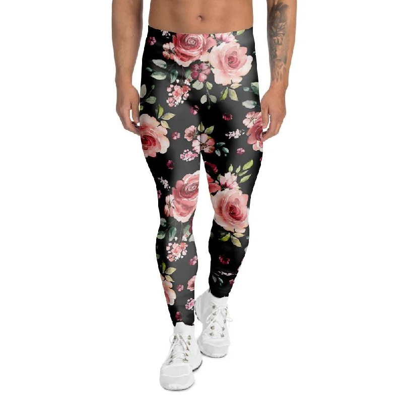 Black Pink Rose Flower Print Men's Leggings