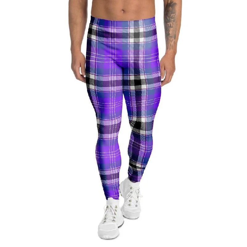 Black Purple Plaid Tartan Men's Leggings