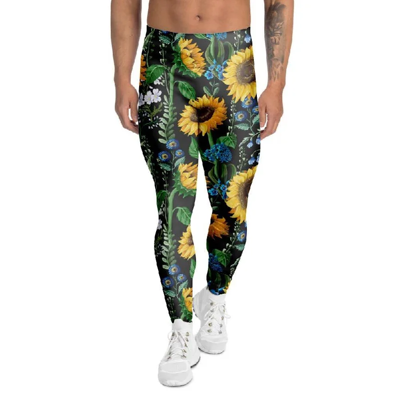 Black Sunflower Floral Men's Leggings