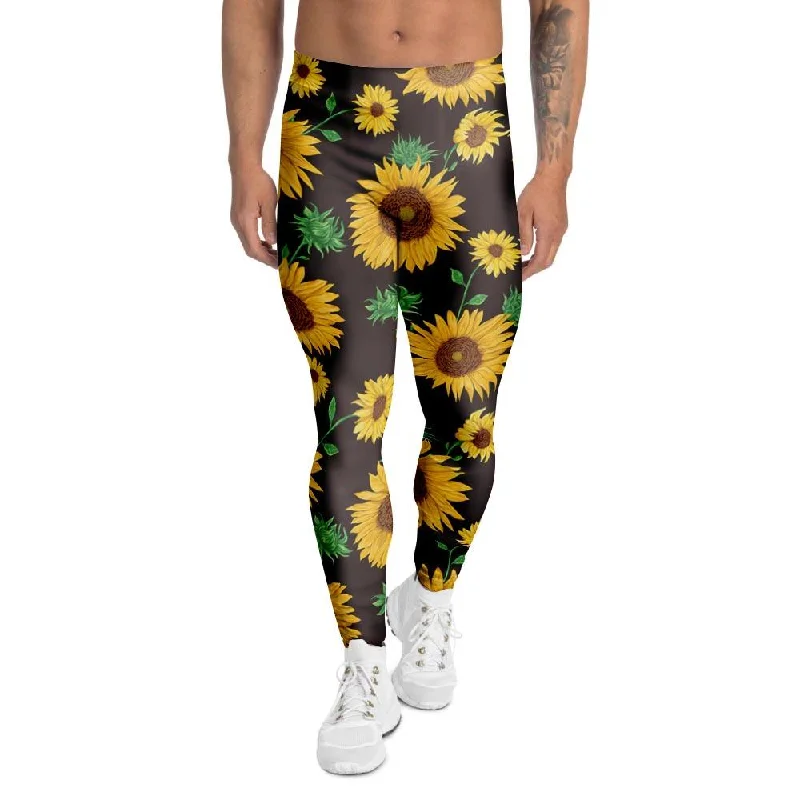 Black Sunflower Print Men's Leggings