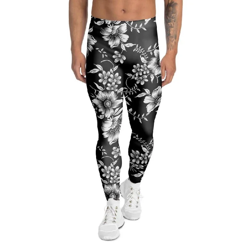 Black White Floral Print Men's Leggings