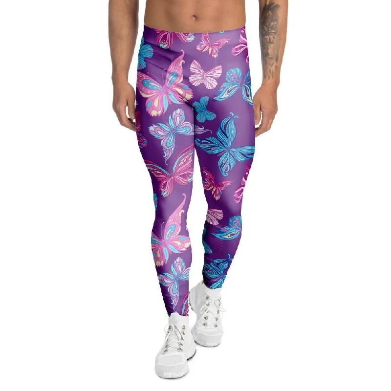 Blue And Pink Butterfly Print Men's Leggings