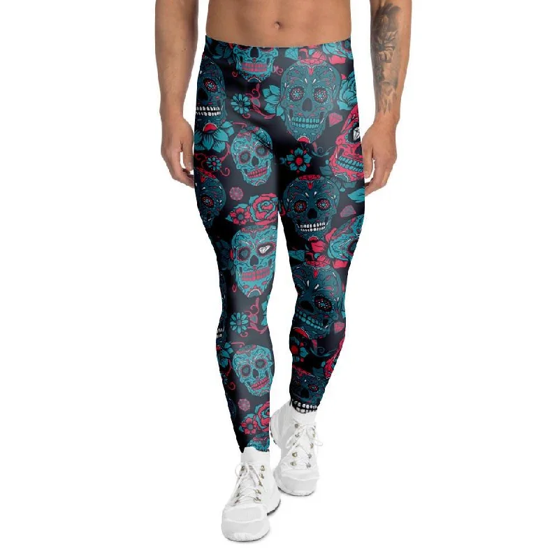 Blue And Red Floral Sugar Skull Men's Leggings