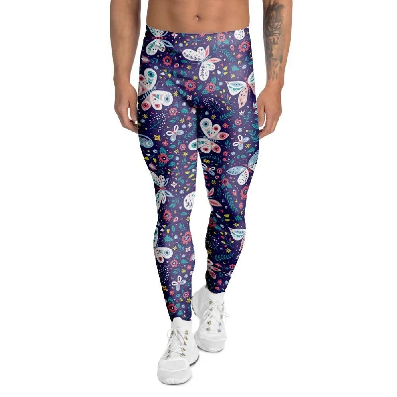 Blue Butterfly Floral Print Men's Leggings