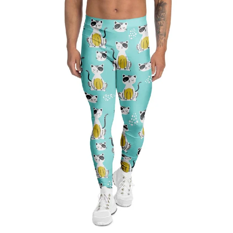 Blue Cat Print Men's Leggings