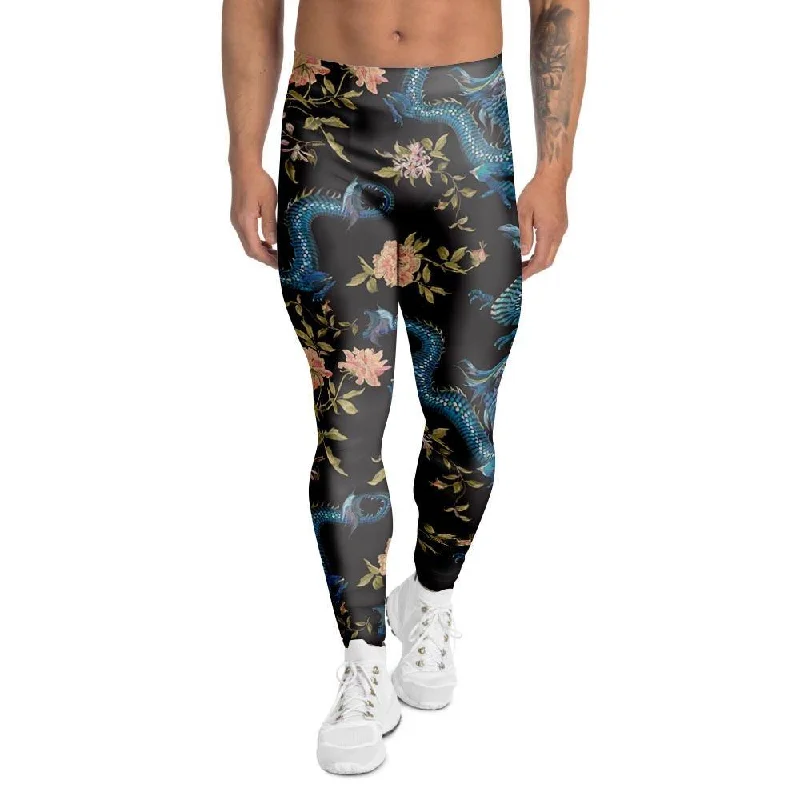 Blue Chinese Dragon Floral Print1 Men's Leggings