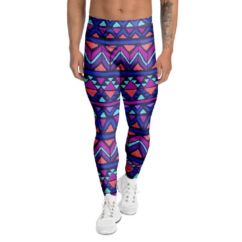 Blue Neon Color Indian Aztec Men's Leggings