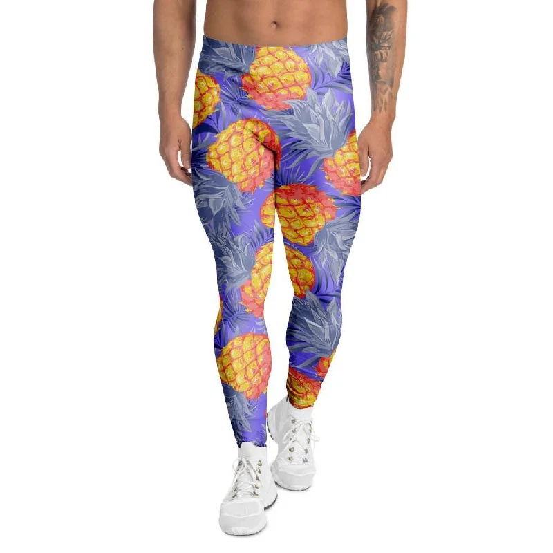 Blue Neon Pineapple Hawaiian Print Men's Leggings