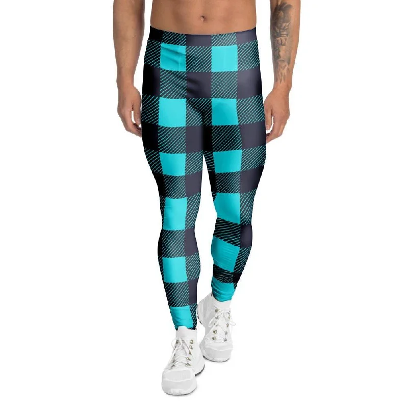 Blue Plaid Print Men's Leggings