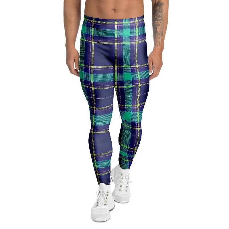 Blue Plaid Tartan Print Men's Leggings