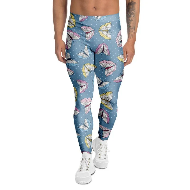 Blue Polka Dots Butterfly Print Men's Leggings