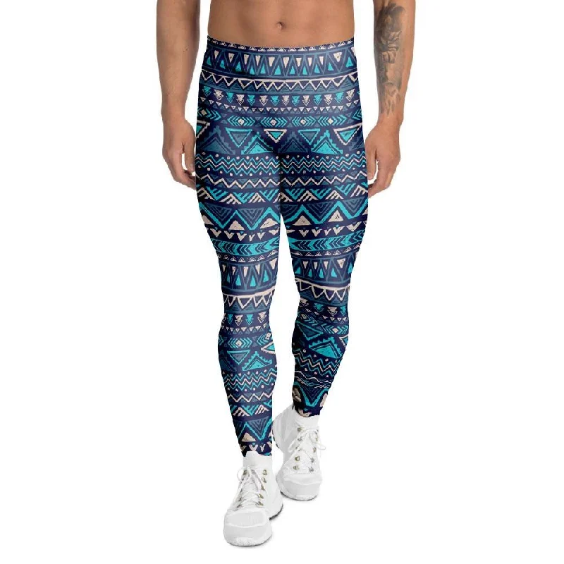 Blue Tribal Aztec Hand Drawn Men's Leggings