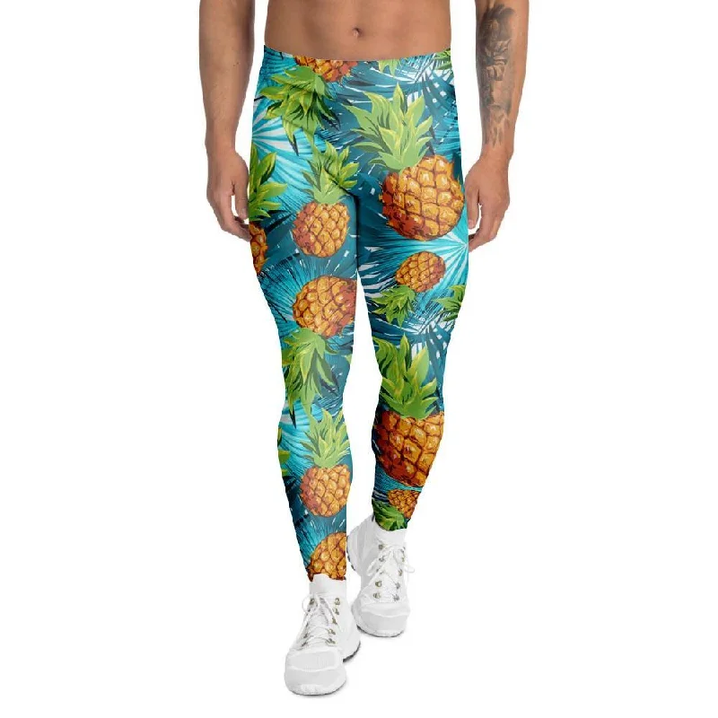 Blue Tropical Hawaiian Pineapple Print Men's Leggings