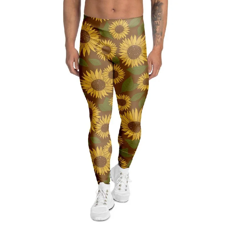 Brown Sunflower Print Men's Leggings