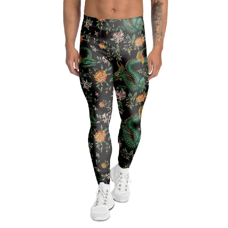 Chinese Green Dragon Print Men's Leggings